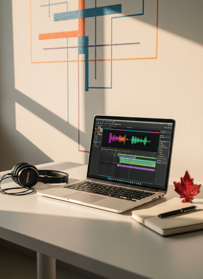 An open laptop on a smooth white table displaying a vibrant video editing timeline of a worship music session, surrounded by neatly arranged headphones, a notepad, and a small red maple leaf-shaped ornament. On the wall behind, abstract geometric art subtly suggests a cross without using text or figures. Late afternoon golden light pours through an unseen window, casting long, gentle shadows and a cozy warmth across the workspace. Captured from a slightly elevated three-quarter angle, with emphasis on the colorful interface and tools for producing Chinese Christian media. The atmosphere feels dynamic, hopeful, and playful, reflecting a mission-focused creative studio in photographic realism.