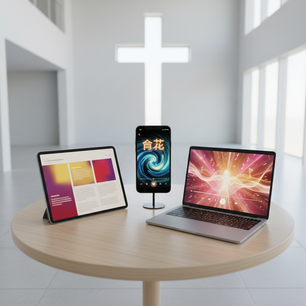 A minimalist round table in a bright community space, topped with three distinct devices: a smartphone showing a podcast player in Chinese, a tablet with an article layout about Christian discipleship, and a slim laptop paused on a worship music video. Each screen glows with vivid, abstract interface colors rather than readable text. The background hints at a modern church building through blurred architectural lines and a stylized cross-shaped window. Morning daylight floods in, creating high-key, soft lighting with subtle reflections on the glass screens. Shot from above in a clean, flat lay composition, the scene feels fresh, playful, and tech-savvy, representing multi-platform gospel media in realistic photographic style.