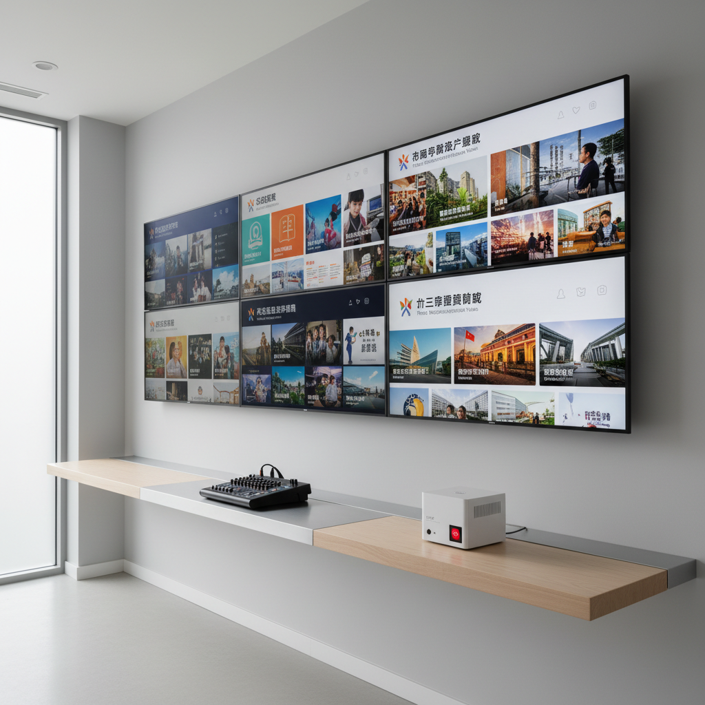 A bright, airy media room with multiple large monitors mounted on a pale grey wall, each showing different colorful thumbnails representing audio, video, and article content about Christian faith and the “Three Modernizations Vision.” Below, a tidy console of brushed metal and light wood supports a compact mixer and streaming device. Soft, diffused overcast daylight enters from a frosted side window, creating an even, gentle illumination with minimal shadows. Captured in a wide-angle shot with sharp focus throughout, the composition balances the displays along the rule of thirds. The mood is organized, forward-looking, and welcoming, suggesting a Canadian-Chinese ministry hub producing diverse digital resources in a realistic photographic style.