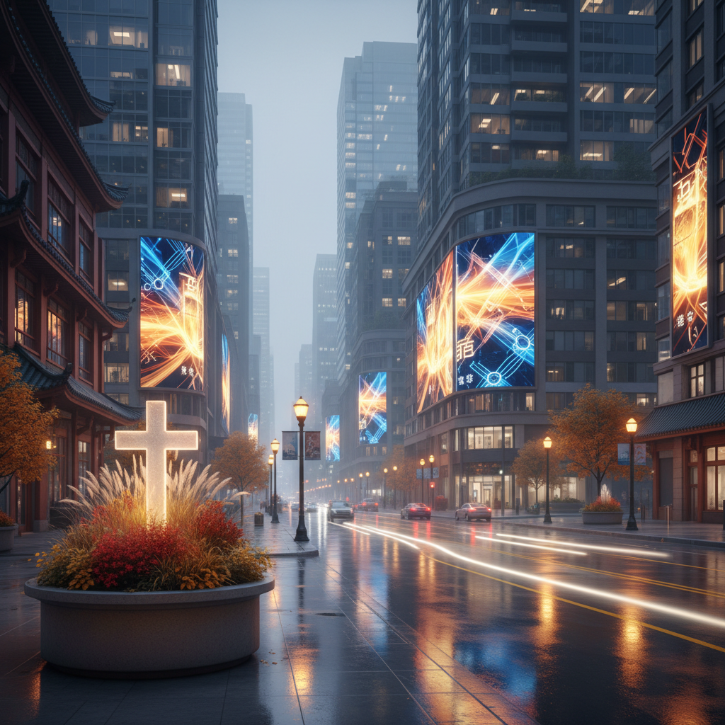 An urban Canadian street scene at dusk, captured without people, where illuminated digital billboards abstractly display bright, pattern-based graphics in warm golds and cool blues, symbolizing Christian hope and the “Three Modernizations Vision.” Chinese-style architectural details mingle with modern glass facades, and a small, lit cross-shaped sculpture stands discreetly near a planter filled with autumn-colored shrubs. Streetlights cast pools of warm light on wet pavement, creating reflective surfaces and colorful bokeh in the distance. Photographed at eye level with a cinematic, slightly wide-angle lens, the mood is contemplative yet playful, suggesting gospel media quietly shining in everyday Canadian-Chinese city life in rich photographic realism.