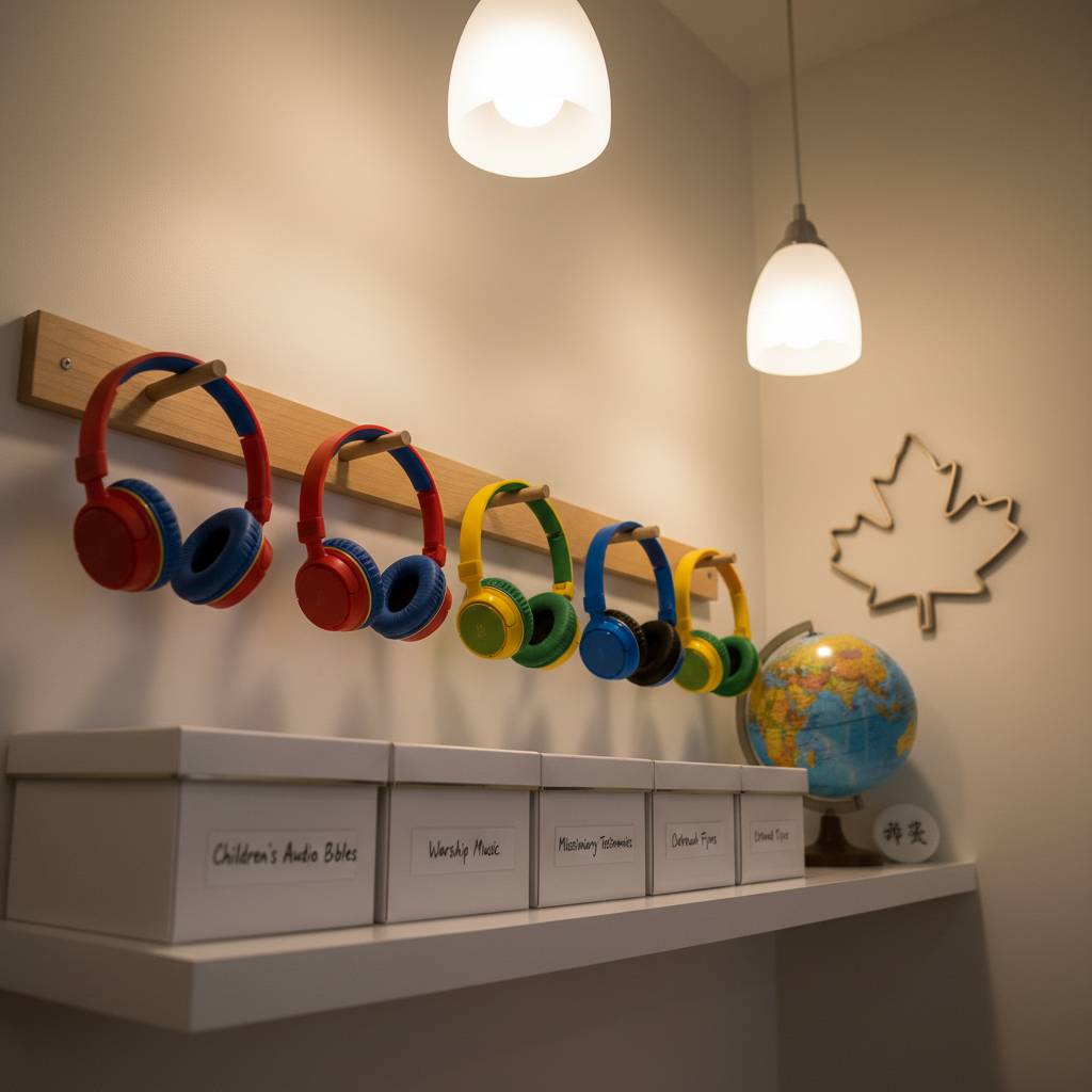 A cozy corner of a church media center where rows of neatly arranged, colorful headphones hang on smooth wooden pegs above a simple white shelf filled with labeled storage boxes for recordings and outreach materials. A small globe with North America and Asia facing forward sits beside a subtle maple leaf-shaped decor, symbolizing Canadian-Chinese connection in gospel work. Soft, warm pendant lighting overhead creates gentle pools of light and soft-edged shadows, giving the scene a playful, inviting atmosphere. Photographed at a slightly low angle with a medium depth of field, the front row of headphones in crisp focus while the shelf fades softly, emphasizing accessibility of Christian audio resources for young people.