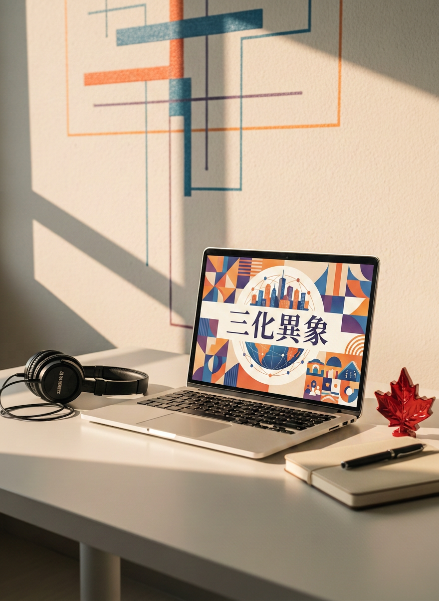 An open laptop on a smooth white table displaying a vibrant video editing timeline of a worship music session, surrounded by neatly arranged headphones, a notepad, and a small red maple leaf-shaped ornament. On the wall behind, abstract geometric art subtly suggests a cross without using text or figures. Late afternoon golden light pours through an unseen window, casting long, gentle shadows and a cozy warmth across the workspace. Captured from a slightly elevated three-quarter angle, with emphasis on the colorful interface and tools for producing Chinese Christian media. The atmosphere feels dynamic, hopeful, and playful, reflecting a mission-focused creative studio in photographic realism.
